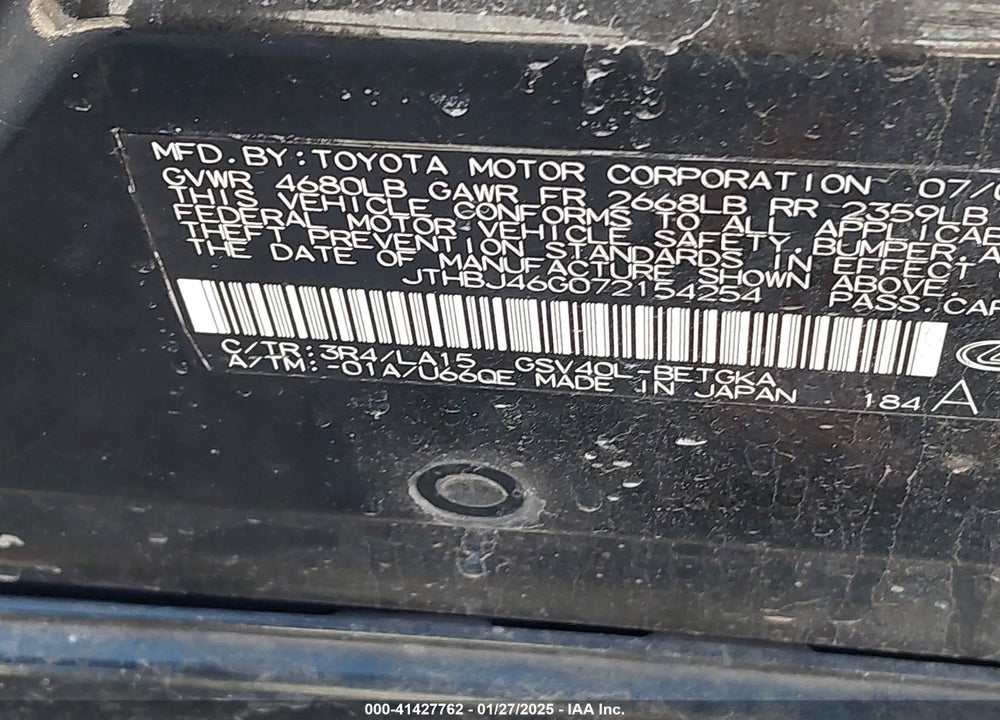 2007 LEXUS ES 350 VIN: JTHBJ46G072154254