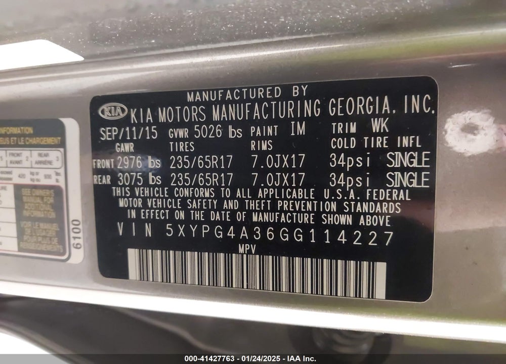 2016 KIA SORENTO 2.4L L VIN: 5XYPG4A36GG114227