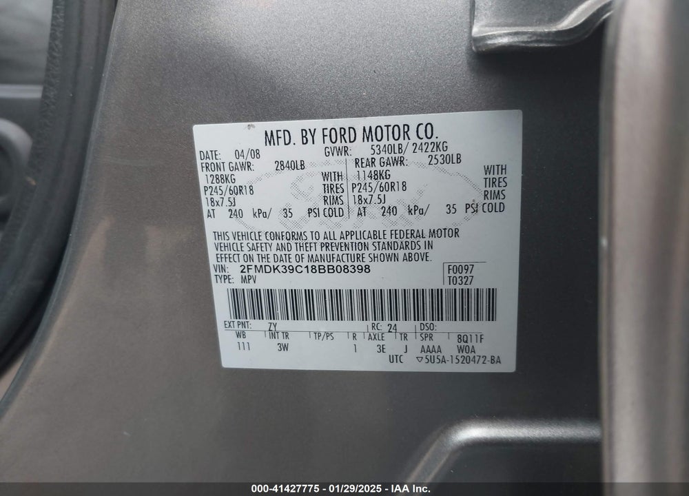 2008 FORD EDGE LIMITED VIN: 2FMDK39C18BB08398