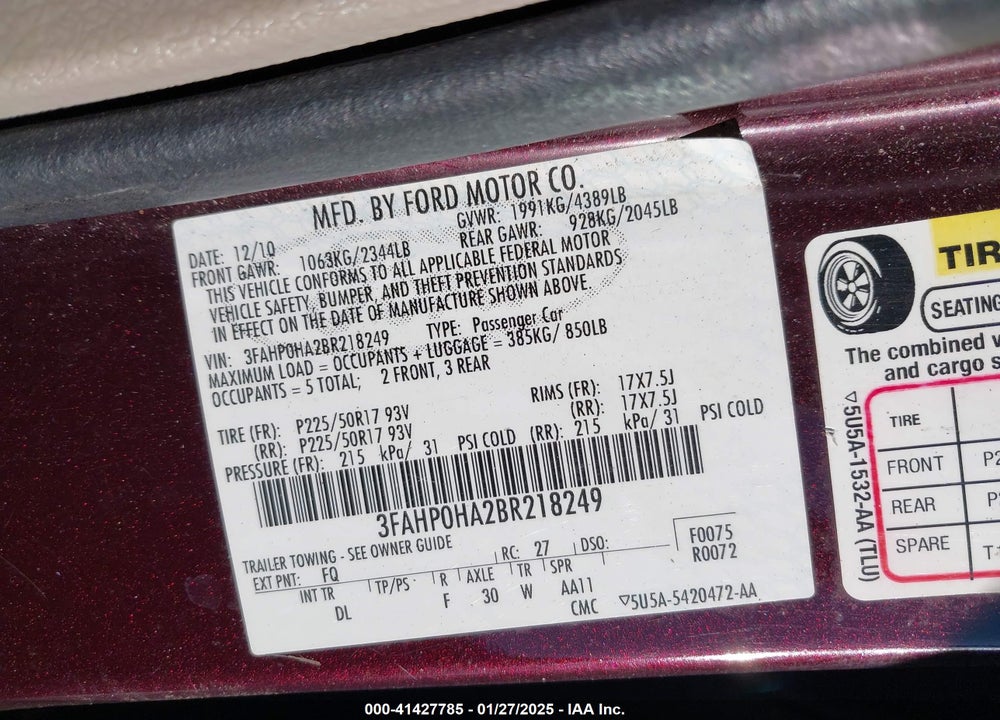 2011 FORD FUSION SE VIN: 3FAHP0HA2BR218249