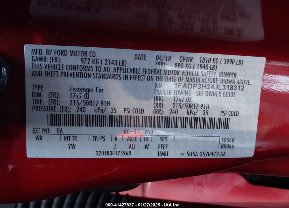2018 FORD FOCUS VIN: 1FADP3H24JL318312