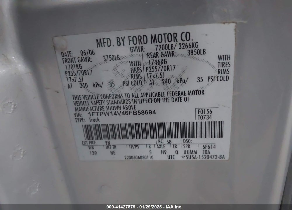 2006 FORD F-150 VIN: 1FTPW14V46FB58694