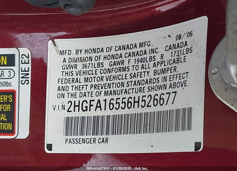 2006 HONDA CIVIC VIN: 2HGFA16556H526677