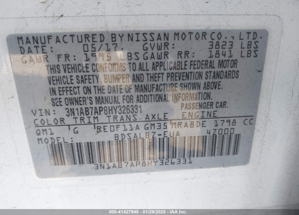 2017 NISSAN SENTRA S VIN: 3N1AB7AP8HY326331