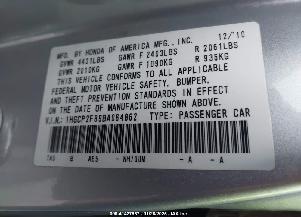 2011 HONDA ACCORD VIN: 1HGCP2F89BA064862