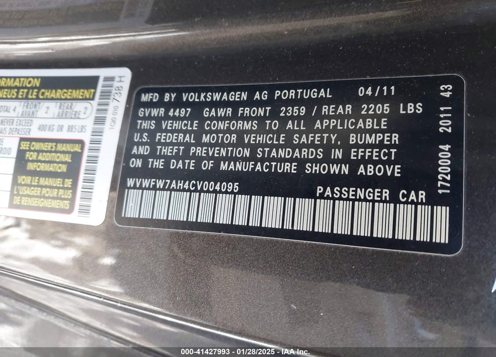 2012 VOLKSWAGEN EOS VIN: WVWFW7AH4CV004095