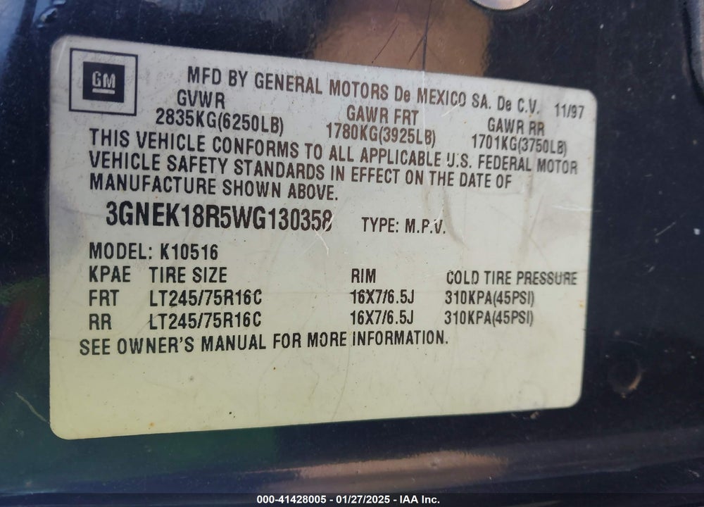 1998 CHEVROLET TAHOE VIN: 3GNEK18R5WG130358