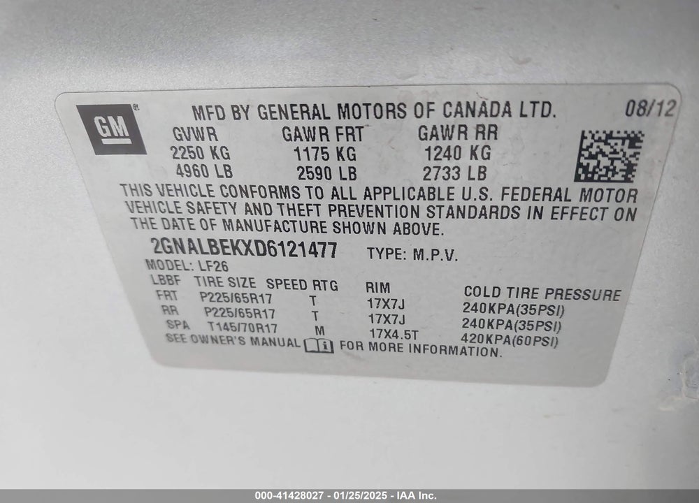 2013 CHEVROLET EQUINOX LS VIN: 2GNALBEKXD6121477