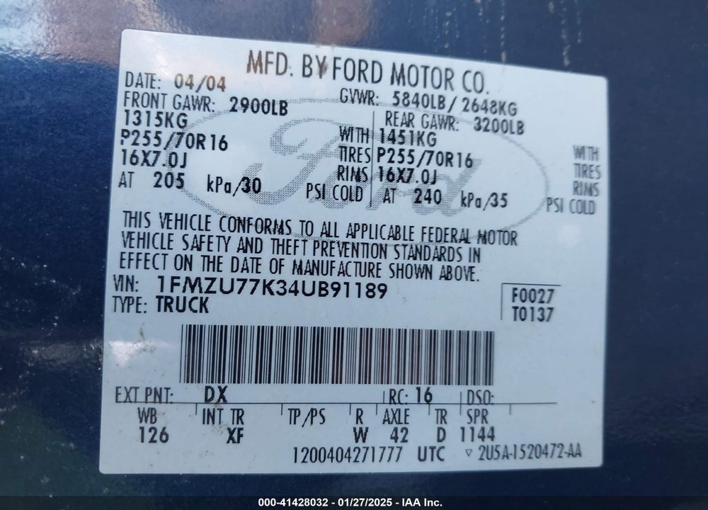 2004 FORD EXPLORER SPORT TRAC ADRENALIN/XLS/XLT VIN: 1FMZU77K34UB91189