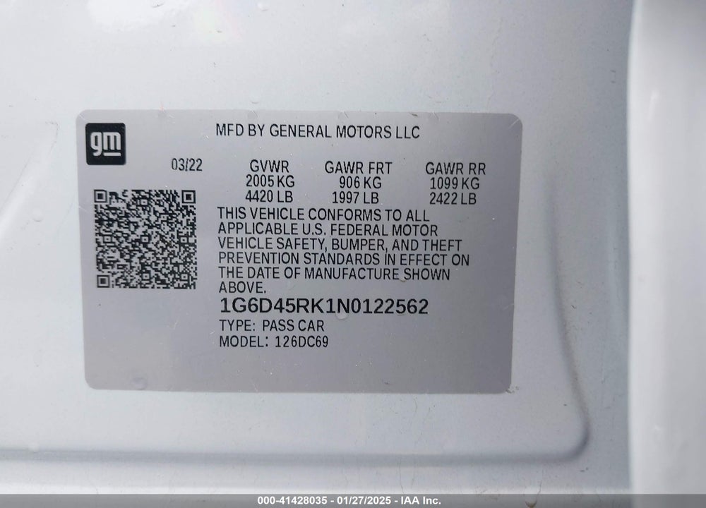 2022 CADILLAC CT4 VIN: 1G6D45RK1N0122562