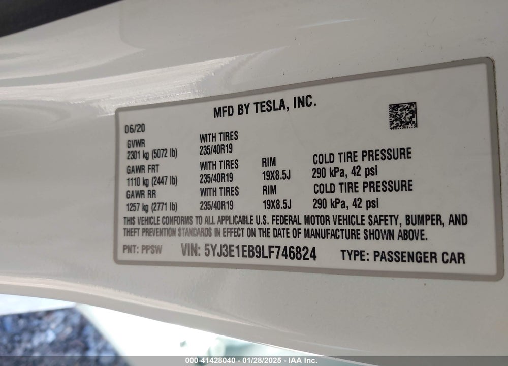 2020 TESLA MODEL 3 LONG RANGE DUAL MOTOR ALL-WHEEL DRIVE VIN: 5YJ3E1EB9LF746824