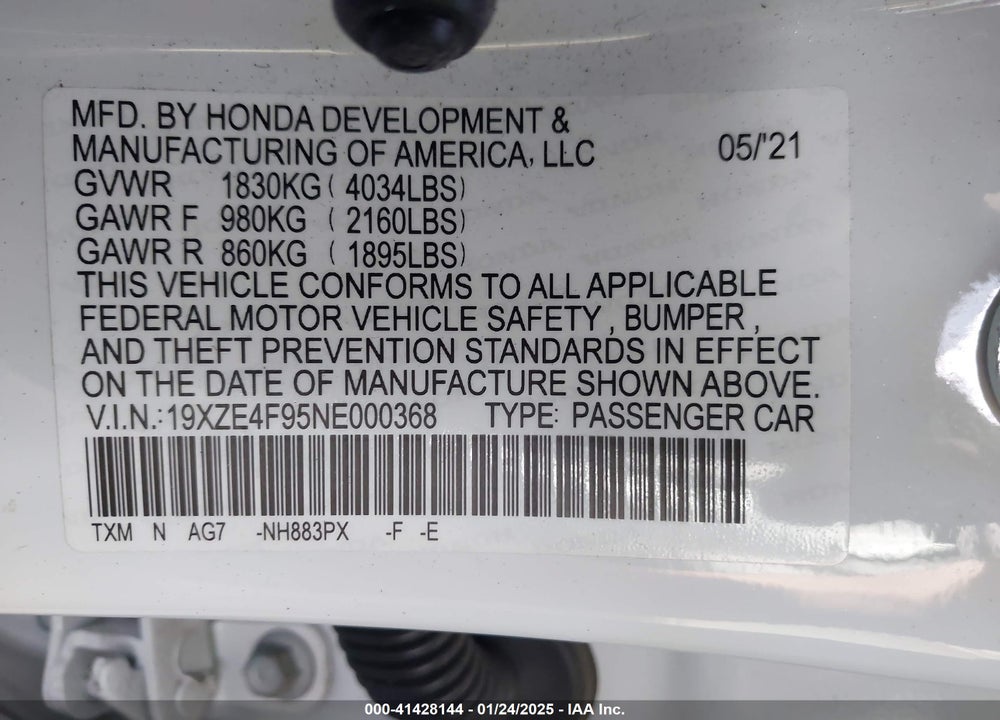 2022 HONDA INSIGHT VIN: 19XZE4F95NE000368