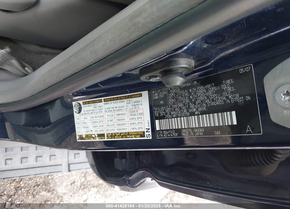 2007 TOYOTA 4RUNNER SR5 V6 VIN: JTEBU14R178100708