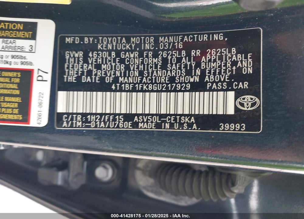 2016 TOYOTA CAMRY VIN: 4T1BF1FK8GU217929