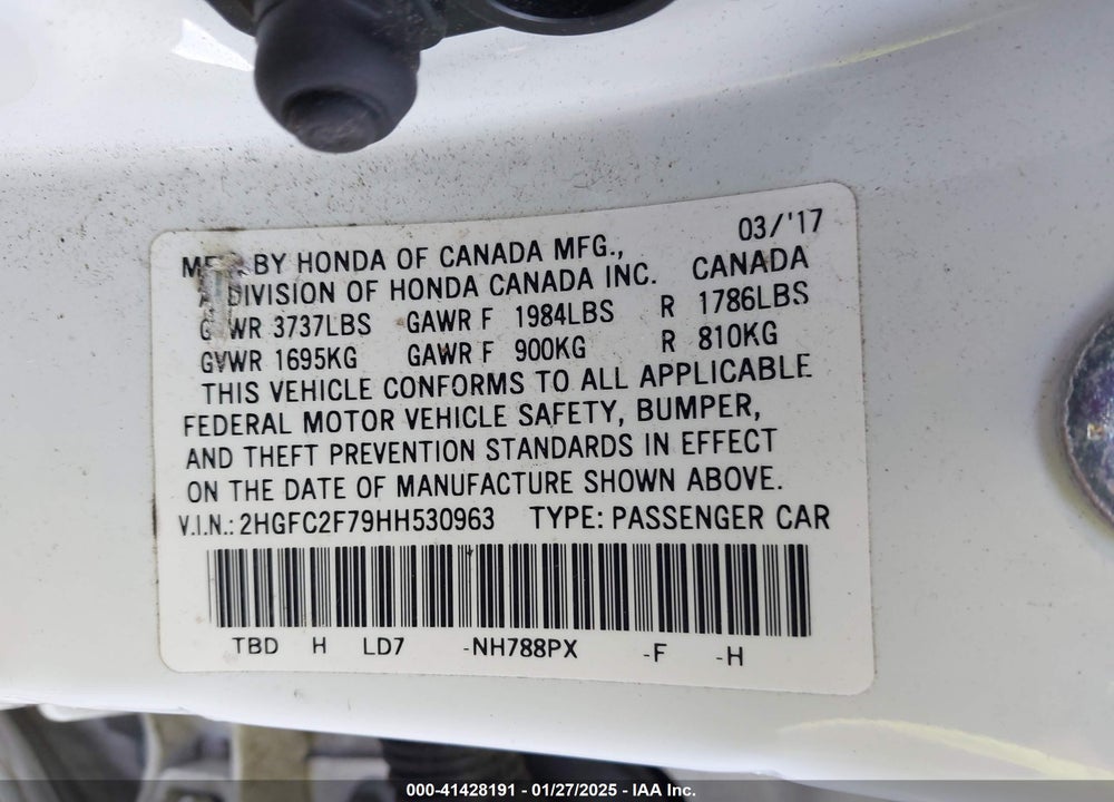2017 HONDA CIVIC VIN: 2HGFC2F79HH530963