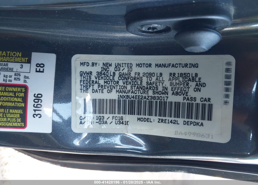 2010 TOYOTA COROLLA LE VIN: 1NXBU4EE2AZ383017
