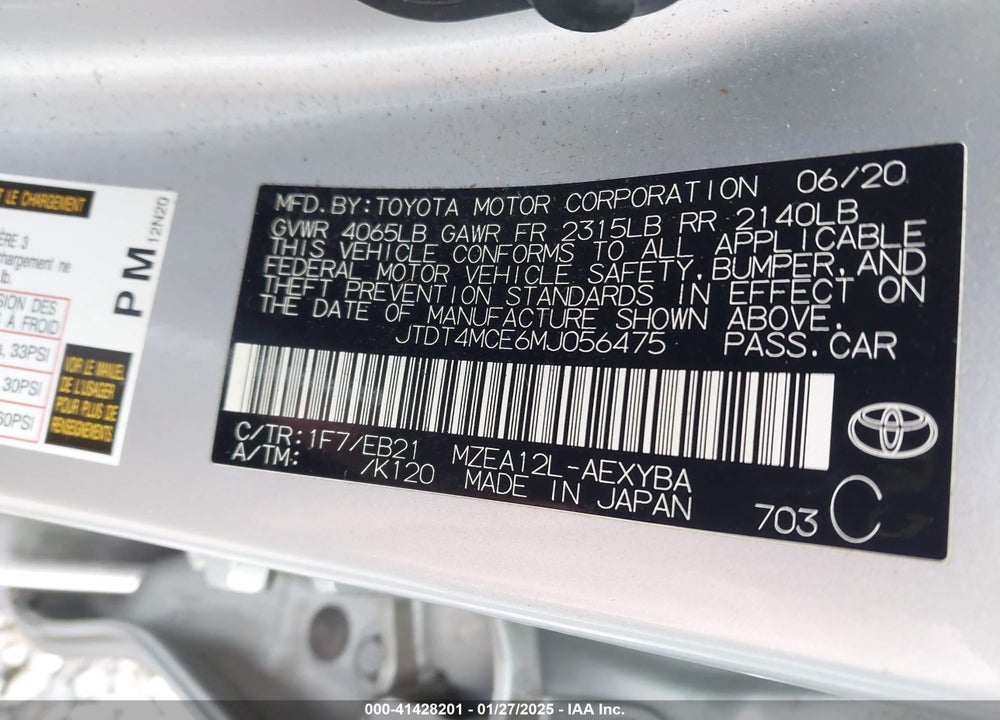 2021 TOYOTA COROLLA VIN: JTDT4MCE6MJ056475