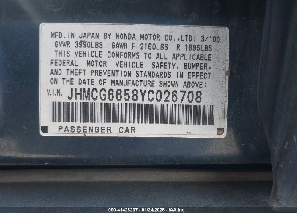 2000 HONDA ACCORD 2.3 LX VIN: JHMCG6658YC026708
