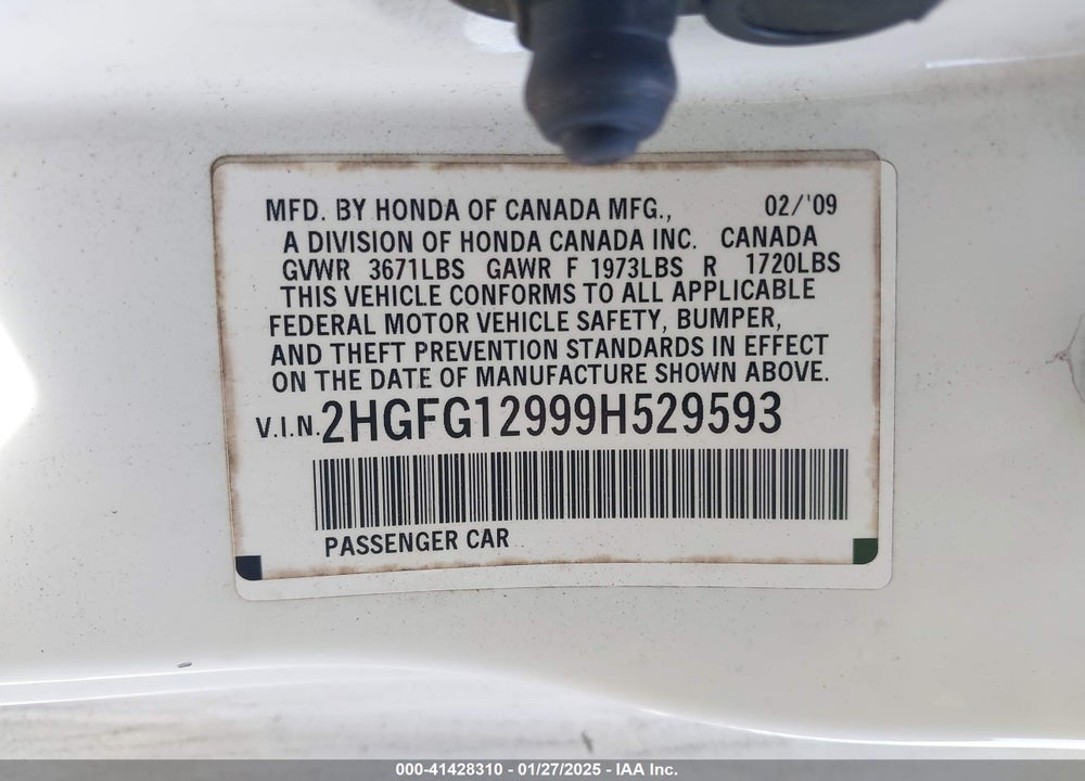 2009 HONDA CIVIC VIN: 2HGFG12999H529593