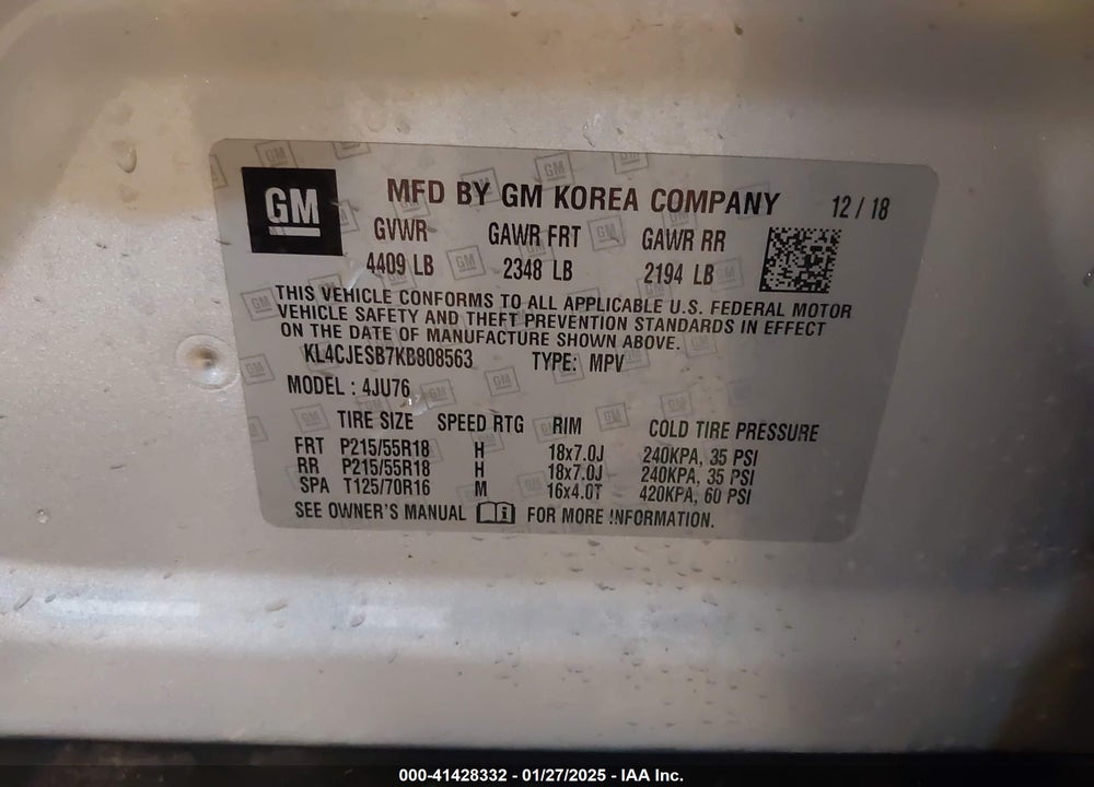 2019 BUICK ENCORE AWD PREFERRED VIN: KL4CJESB7KB808563
