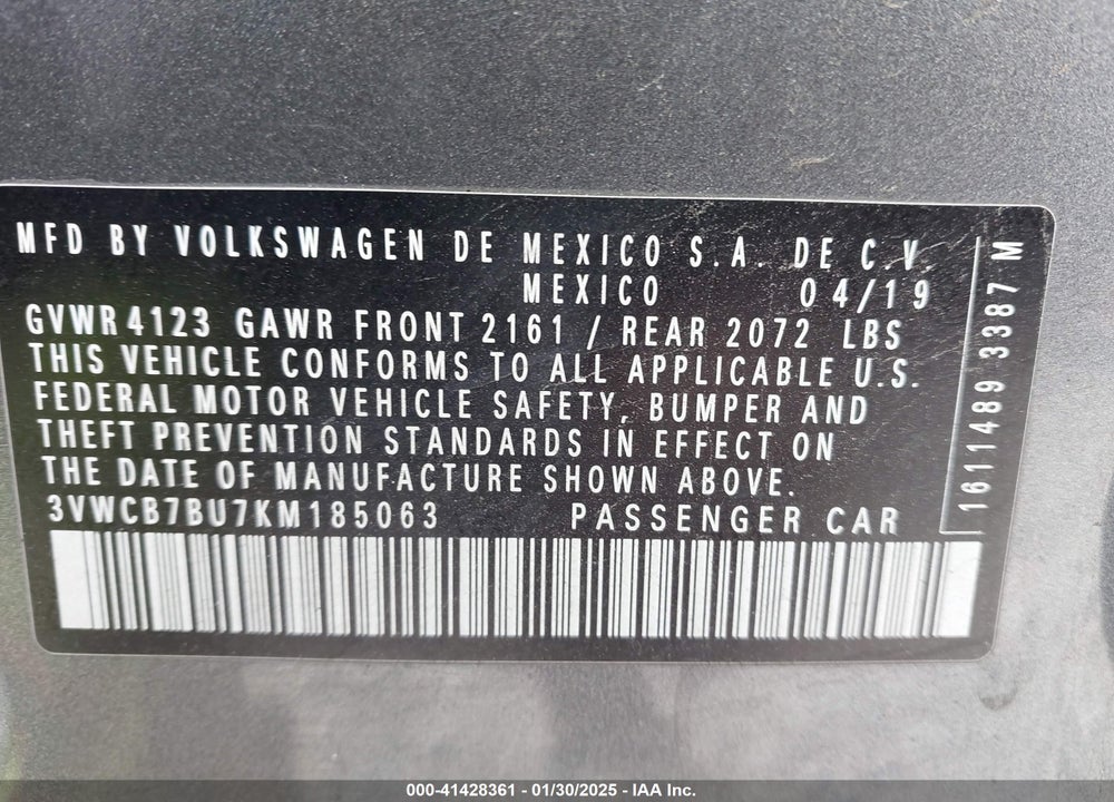 2019 VOLKSWAGEN JETTA 1.4T R-LINE/1.4T S/1.4T SE VIN: 3VWCB7BU7KM185063