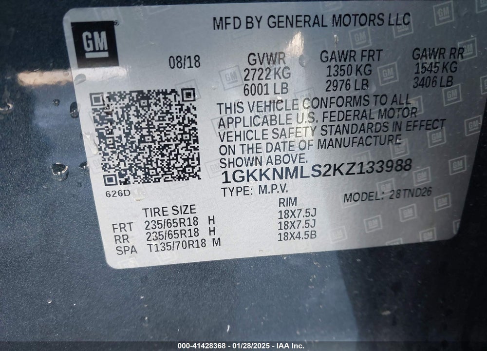 2019 GMC ACADIA SLT-1 VIN: 1GKKNMLS2KZ133988