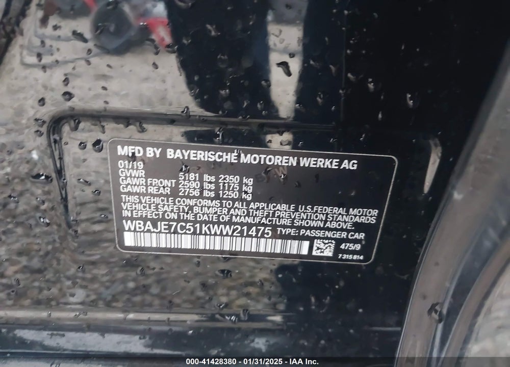 2019 BMW 540I VIN: WBAJE7C51KWW21475