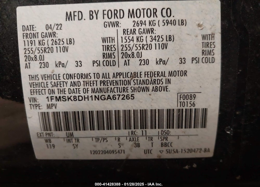 2022 FORD EXPLORER XLT VIN: 1FMSK8DH1NGA67265