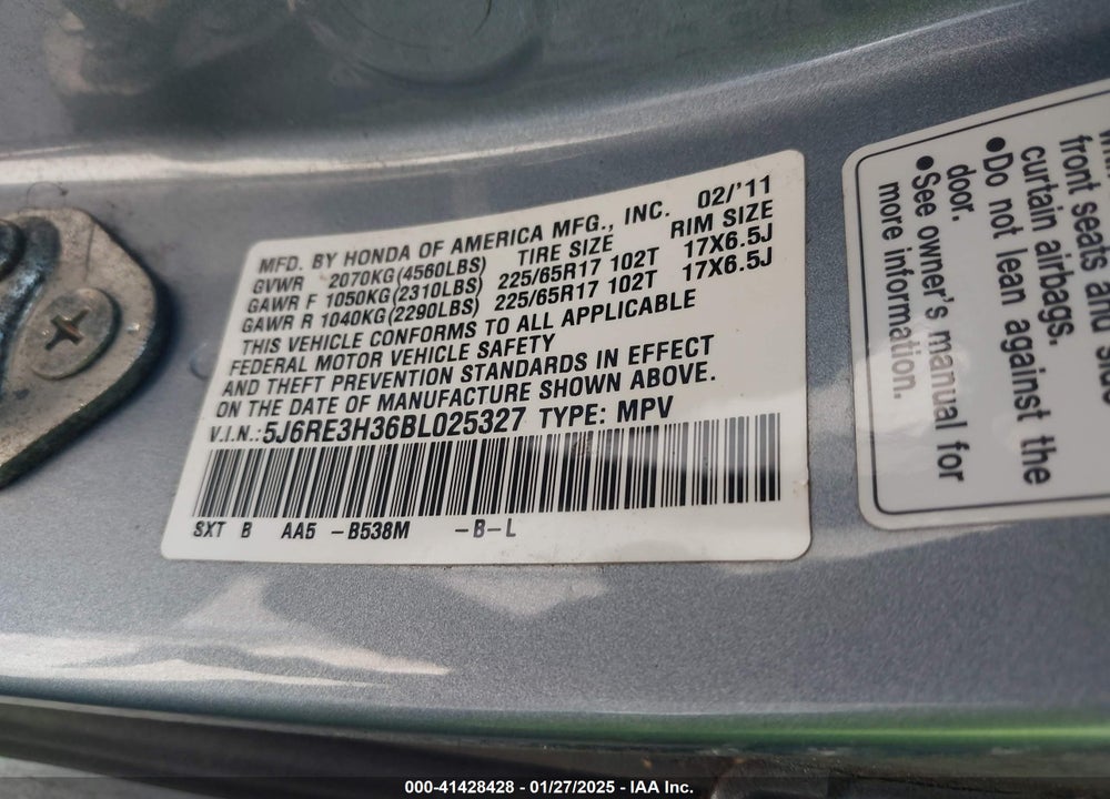 2011 HONDA CR-V LX VIN: 5J6RE3H36BL025327