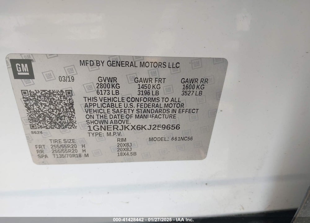 2019 CHEVROLET TRAVERSE RS VIN: 1GNERJKX6KJ259656