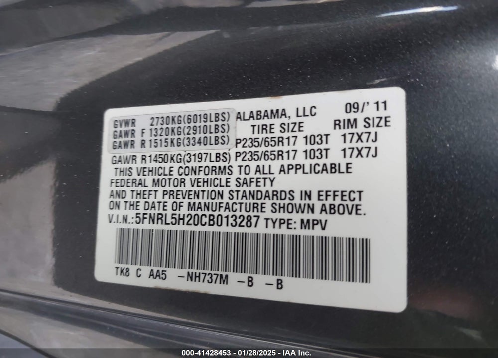 2012 HONDA ODYSSEY LX VIN: 5FNRL5H20CB013287