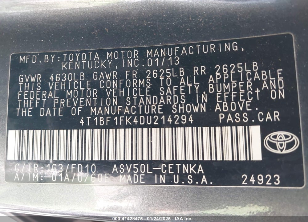 2013 TOYOTA CAMRY VIN: 4T1BF1FK4DU214294