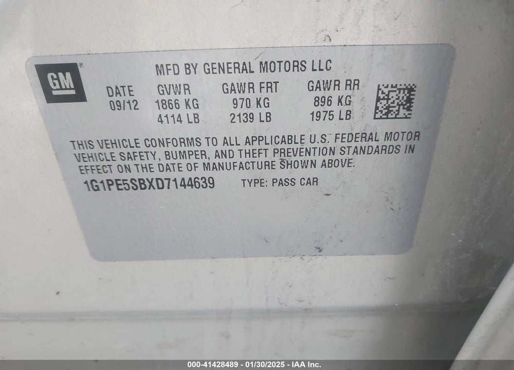 2013 CHEVROLET CRUZE VIN: 1G1PE5SBXD7144639