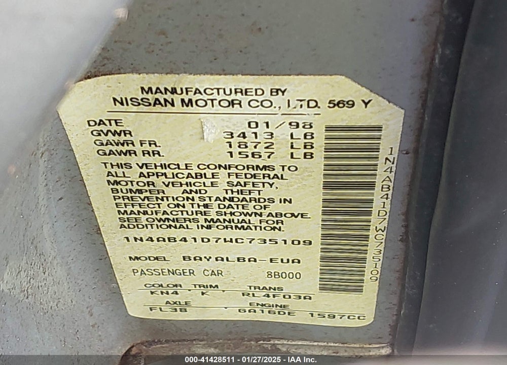 1998 NISSAN SENTRA GLE/GXE/XE VIN: 1N4AB41D7WC735109