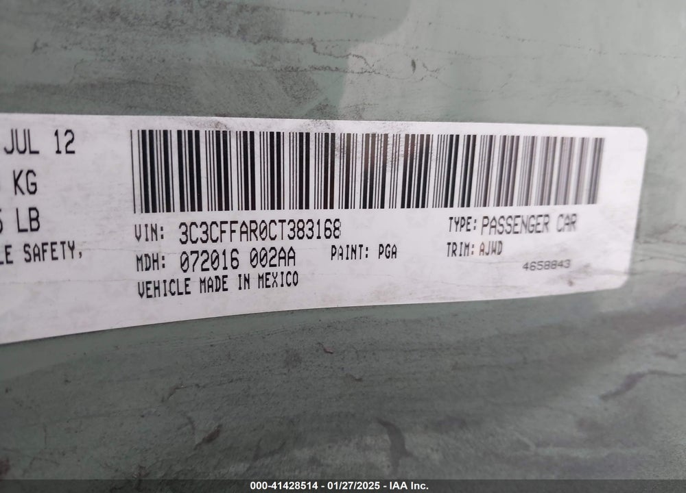 2012 FIAT 500 VIN: 3C3CFFAR0CT383168