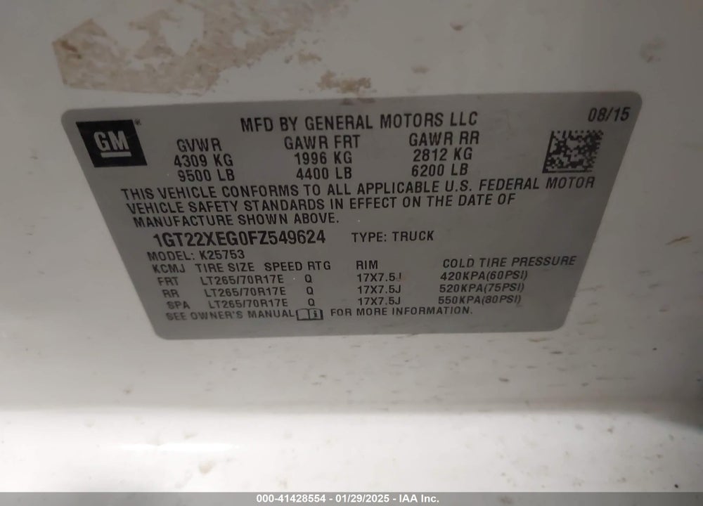 2015 GMC SIERRA 2500HD VIN: 1GT22XEG0FZ549624