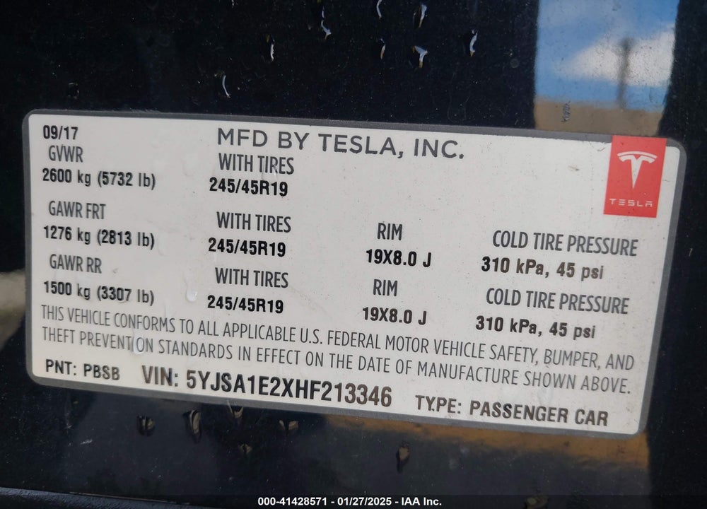 2017 TESLA MODEL S VIN: 5YJSA1E2XHF213346