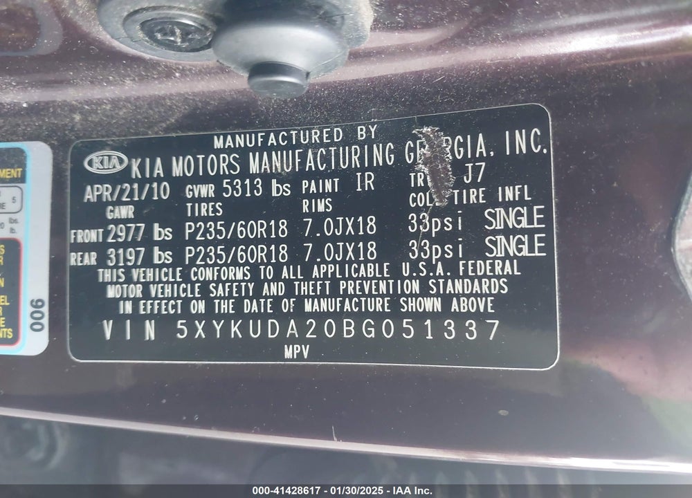 2011 KIA SORENTO EX V6 VIN: 5XYKUDA20BG051337
