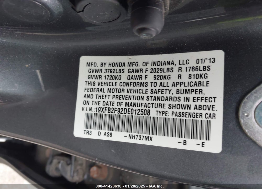 2013 HONDA CIVIC EX-L VIN: 19XFB2F92DE012508