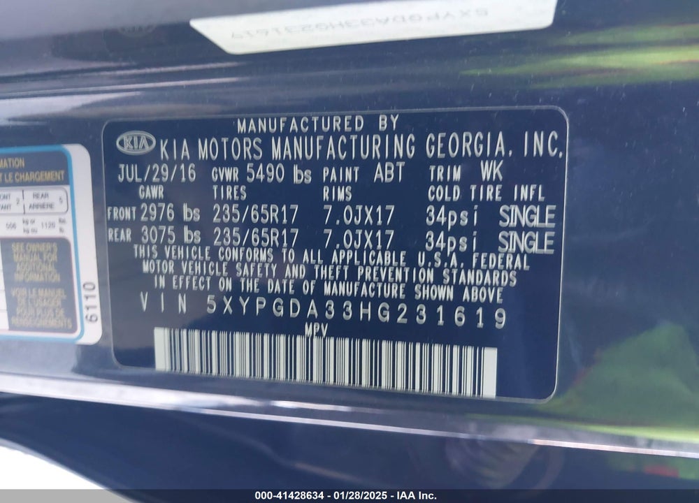 2017 KIA SORENTO 2.4L LX VIN: 5XYPGDA33HG231619
