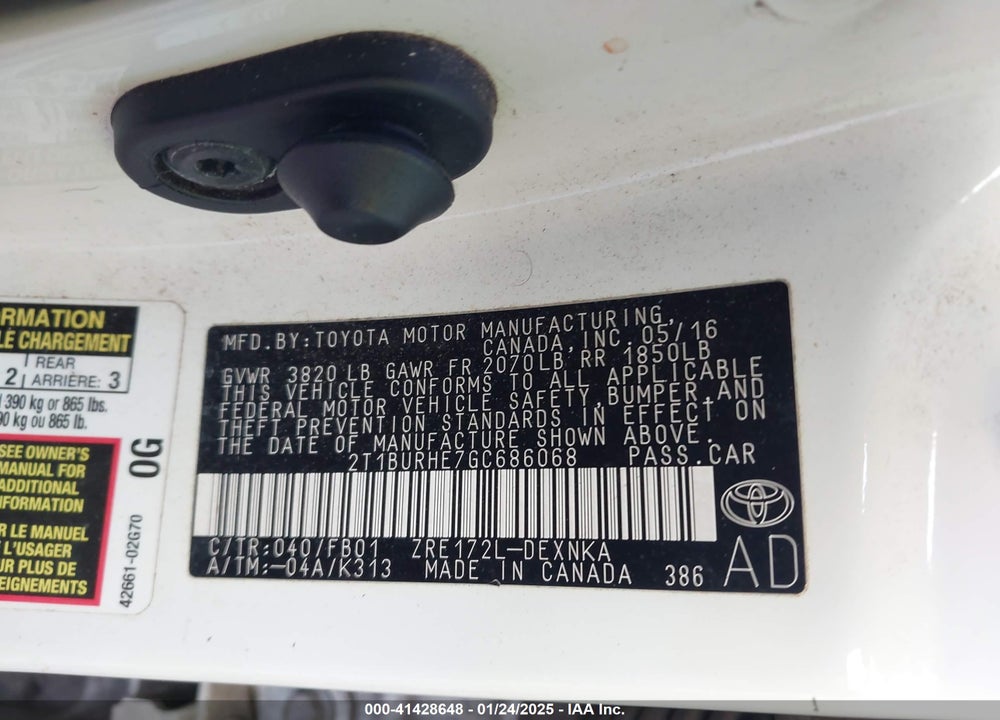 2016 TOYOTA COROLLA LE VIN: 2T1BURHE7GC686068