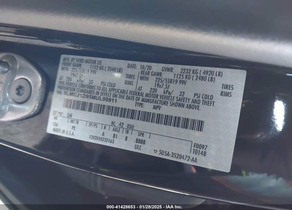 2021 LINCOLN CORSAIR VIN: 5LMCJ1D95MUL00911