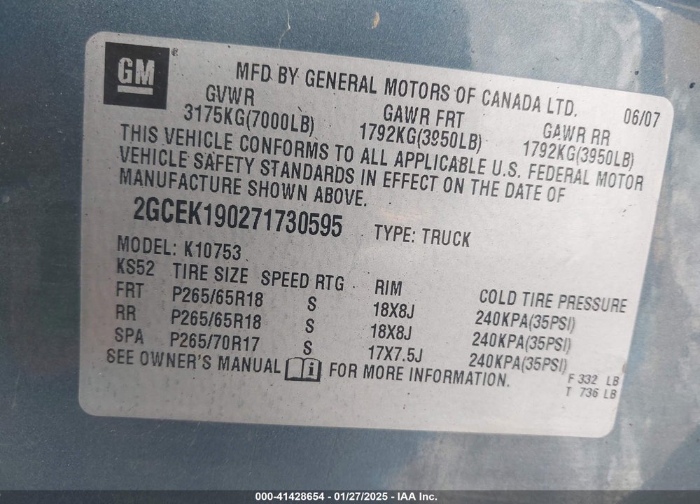 2007 CHEVROLET SILVERADO 1500 VIN: 2GCEK190271730595