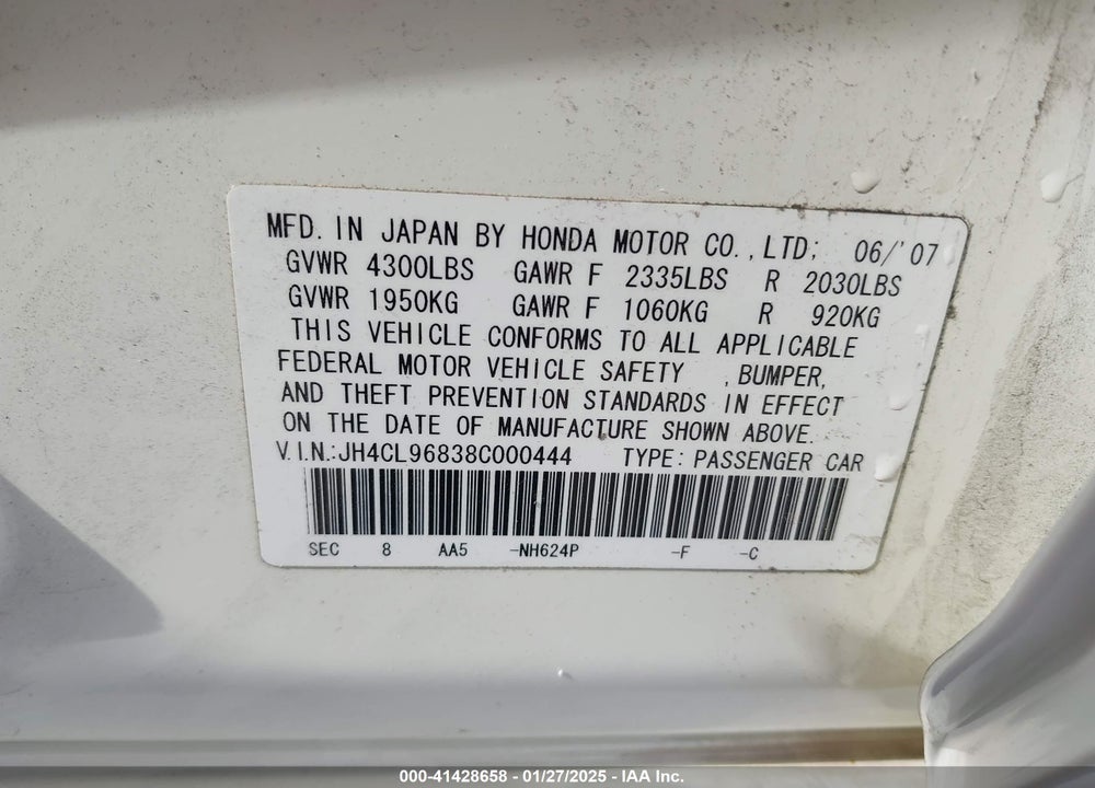 2008 ACURA TSX VIN: JH4CL96838C000444