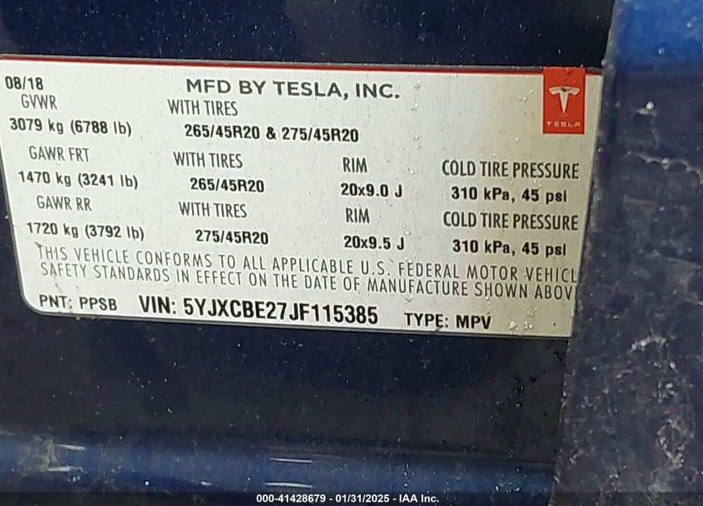 2018 TESLA MODEL X VIN: 5YJXCBE27JF115385