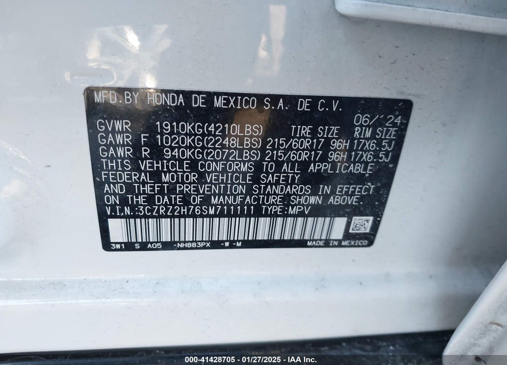 2025 HONDA HR-V VIN: 3CZRZ2H76SM711111