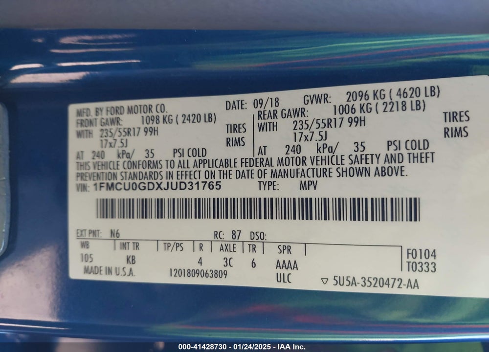 2018 FORD ESCAPE SE VIN: 1FMCU0GDXJUD31765