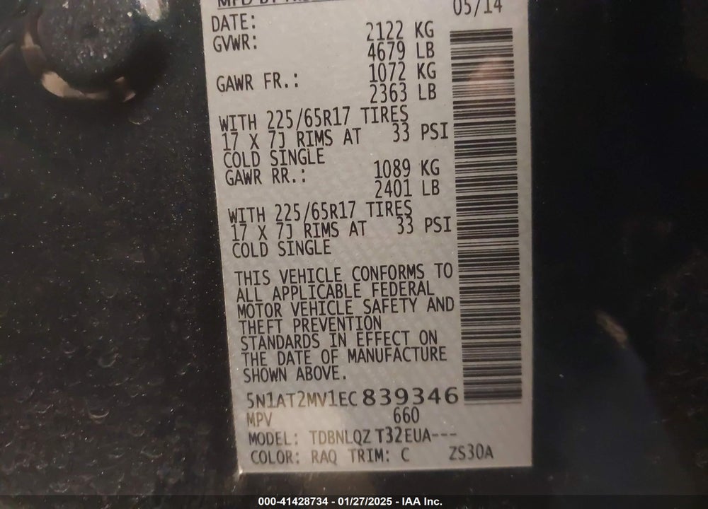 2014 NISSAN ROGUE SV VIN: 5N1AT2MV1EC839346