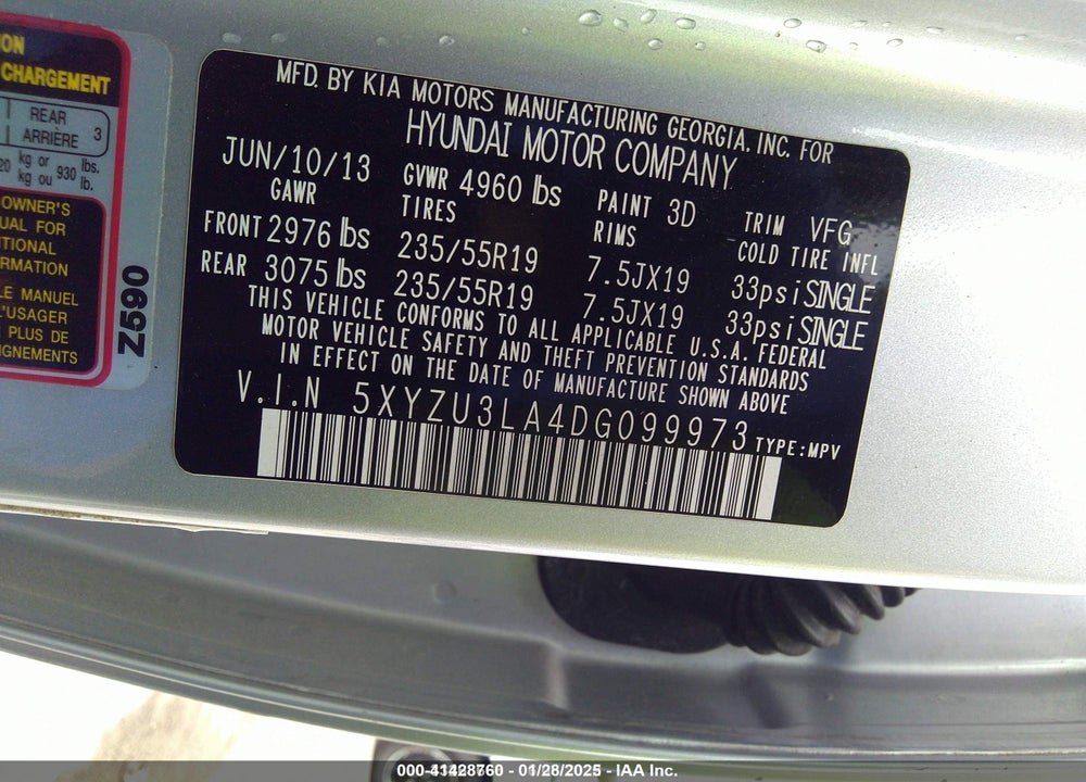 2013 HYUNDAI SANTA FE SPORT 2.0T VIN: 5XYZU3LA4DG099973