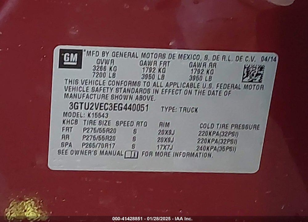 2014 GMC SIERRA 1500 SLT VIN: 3GTU2VEC3EG440051